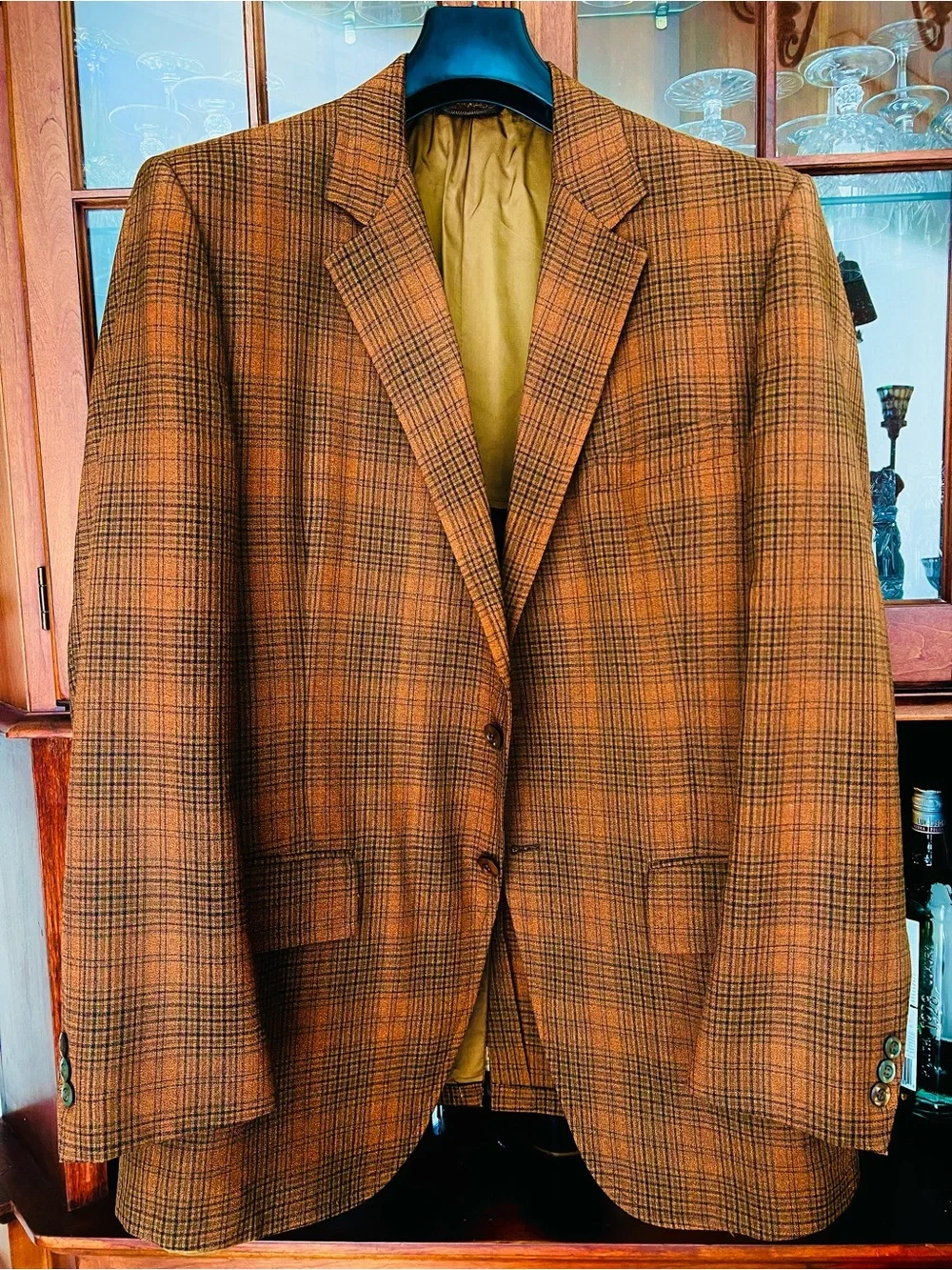 Men's Rust Brown with Navy Plaid Blazer - Classic Two-Button Jacket
